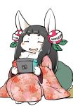  1girl black_hair eyes_closed furry long_hair nintendo_switch rabbit setouchi_kurage smile solo 