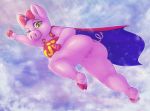  2018 absurd_res anus bow breasts butt cape clothing cloud digital_media_(artwork) dimwitdog female green_eyes hi_res mammal one_eye_closed pig porcine pussy sky solo super_pig tonde_buurin 