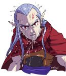  1boy absurdres anger_vein artist_name black_shirt blue_eyes chest_harness chrono_trigger clenched_teeth cloak cropped_torso dated furrowed_brow hair_slicked_back harness highres long_hair looking_at_viewer magus_(chrono_trigger) male_focus parted_lips pointy_ears red_cloak red_eyes shikiwo shirt sidelocks sleeveless sleeveless_shirt slit_pupils solo teeth upper_body wet widow&#039;s_peak 