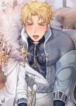  1boy :p absurdres asa_ifrit_(asaifrit) bags_under_eyes blonde_hair blush fur_collar highres large_pectorals long_sleeves looking_at_viewer male_focus muscular muscular_male nu_carnival official_alternate_costume orange_eyes pectorals quincy_(nu_carnival) short_hair tongue tongue_out yellow_gemstone 