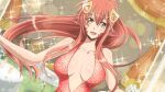  1girl artist_request bare_shoulders blush breasts dress game_cg hair_between_eyes hair_ornament hairclip lamia large_breasts long_hair looking_at_viewer miia_(monster_musume) monster_girl monster_musume_no_iru_nichijou monster_musume_no_iru_nichijou_online official_alternate_costume official_art open_mouth plunging_neckline pointy_ears ponytail red_dress red_hair red_scales scales solo sparkle 