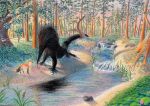 ambiguous_gender canid canine colored_pencil_(artwork) detailed_background duo entitycore feral fox mammal monster plant river traditional_media_(artwork) tree