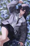  1girl arm_up black_hair black_skirt blue_flower blue_rose closed_mouth collared_shirt feet_out_of_frame field flower flower_field grey_jacket hashtag_only_commentary highres ichinose_uruha ichinose_uruha_(6th_costume) jacket knee_up lapels long_sleeves looking_at_viewer lupinus_virtual_games lying official_alternate_costume official_alternate_hairstyle on_back open_clothes open_jacket oreazu plaid plaid_skirt pleated_skirt purple_eyes rose school_uniform shirt short_hair skirt smile solo thighs virtual_youtuber vspo! white_shirt 