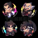  4boys balding belt black_background black_eyes black_pants black_wings chain character_name chest_tattoo copyright_name devil_jin dougi facial_hair facial_mark forehead_jewel gloves grey_hair grey_horns heterochromia horns kazama_jin kotorai mishima_heihachi mishima_kazuya multiple_boys mustache pants pectorals purple_belt red_belt red_eyes red_gloves scar scar_on_arm scar_on_chest studded_gloves tattoo tekken thick_eyebrows topless_male v-shaped_eyebrows white_pants wings 