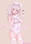  1girl absurdres animal_ears bare_shoulders blue_eyes blush bow cowboy_shot cupcake danganronpa_(series) danganronpa_2:_goodbye_despair ear_bow fake_animal_ears fishnet_thighhighs fishnets food fruit genderswap genderswap_(mtf) gloves grey_hair hands_up highres holding holding_food leotard long_hair merry_christmas nao_(nconco-line) pink_background playboy_bunny rabbit_ears rabbit_tail red_bow solo strawberry tail thighhighs tongue tongue_out white_gloves white_leotard white_thighhighs 