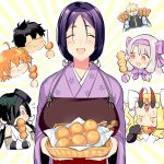  5girls 7dango7 ahoge ainu_clothes apron armor bangs black_gloves black_hair blonde_hair blush bow breasts cape chibi chibi_inset closed_eyes commentary_request dango eating eyepatch facial_mark fate/extra fate/grand_order fate_(series) fishnets floral_print food forehead_mark fujimaru_ritsuka_(female) fujimaru_ritsuka_(male) gawain_(fate/grand_order) gloves hair_bow hair_ornament hair_scrunchie hairband horns ibaraki_douji_(fate/grand_order) ibaraki_douji_(swimsuit_lancer)_(fate) illyasviel_von_einzbern japanese_clothes kimono large_breasts long_hair minamoto_no_raikou_(fate/grand_order) mochizuki_chiyome_(fate/grand_order) multiple_boys multiple_girls one_side_up oni oni_horns open_mouth orange_hair parted_bangs purple_bow purple_eyes purple_hair purple_kimono purple_scarf red_eyes scarf scrunchie short_hair sidelocks sitonai skewer sleeveless sleeveless_kimono smile spiked_hair tattoo twintails very_long_hair wagashi white_bow white_kimono wide_sleeves yellow_eyes 