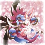  animal_focus artist_name black_sclera closed_eyes colored_sclera commentary_request fangs happy highres hydreigon multiple_heads no_humans open_mouth pink_background pokemon pokemon_(creature) purple_eyes remedy_matome smile sylveon tail twitter_username white_fur 