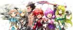  3boys 3girls aisha_landar aqua_eyes black_hair blonde_hair blue_eyes blush breasts cannon chung_seiker cleavage elf elsword elsword_(character) eve_(elsword) facial_mark forehead_jewel gloves green_eyes green_hair hair_ears hair_flaps large_breasts long_hair looking_at_viewer mechanical_arms mechanical_ears multiple_boys multiple_girls open_mouth pika_(kai9464) pointy_ears purple_hair purple_skirt raven_cronwell red_eyes red_hair rena_erindel scar scar_on_chest scar_on_face short_hair single_mechanical_arm skirt staff topless v white_hair yellow_eyes 