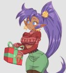 absurd_res blue_eyes breasts brown_body brown_skin christmas clothing ear_piercing ear_ring female genie gift_box hair hi_res holidays humanoid humanoid_pointy_ears long_hair not_furry piercing ponytail purple_hair ring_piercing shantae shantae_(series) simmsyboy simple_background solo sweater topwear wayforward white_background