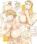  1boy abs ass back bara biceps black_hair blonde_hair closed_eyes closed_mouth completely_nude flexing highres holding holding_towel jujutsu_kaisen large_pectorals male_focus motofuyusso multiple_views muscular muscular_male nanami_kento navel nipples nude pectorals short_hair towel 