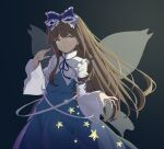  1girl :o absurdres blue_background blue_bow blue_dress blue_ribbon bow brown_hair chinese_commentary commentary_request crm dress floating_hair frilled_bow frills gradient_background hair_bow highres long_hair long_sleeves looking_at_viewer neck_ribbon open_mouth ribbon sidelocks solo star_sapphire touhou wide_sleeves wings 