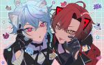  2boys ahoge androgynous animal_ear_fluff animal_ears bell black_choker black_gloves blue_hair blush cat_ears choker claw_pose colored_eyelashes eyelashes fang gloves gradient_background gradient_hair grey_hair hair_between_eyes hair_ornament hairpin heart highres holostars holostars_english jacket looking_at_viewer m_chikih machina_x_flayon male_focus multicolored_hair multiple_boys neck_bell octavio open_mouth pink_eyes portrait red_hair red_jacket short_hair skin_fang square_background star_(symbol) tongue tongue_out tri_braids virtual_youtuber 