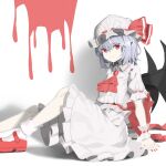  1girl ascot blood blue_hair bow chinese_commentary closed_mouth commentary_request crm demon_wings dress hat hat_bow highres medium_hair pale_skin pointy_ears puffy_short_sleeves puffy_sleeves red_ascot red_bow red_brooch red_eyes red_footwear red_nails remilia_scarlet short_sleeves sitting solo touhou white_dress white_headwear white_wrist_cuffs wings 