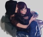  black_hair brown_hair commentary controller couch d.mon_(overwatch) d.va_(overwatch) facepaint game_controller grey_background hood hooded_jacket hug jacket lips multiple_girls overwatch pants raito1 whisker_markings yuri 