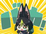  1boy animal_ear_fluff animal_ears arikuigames1105 artist_name black_gloves black_hair blunt_ends blush bright_pupils brown_eyes chibi commentary_request drawstring earrings emphasis_lines flower fox_boy fox_ears fox_tail genshin_impact gloves green_eyes green_hair hair_between_eyes hands_up highres hood hood_down hoodie jewelry male_focus multicolored_clothes multicolored_eyes multicolored_hair open_mouth outline short_hair short_sleeves simple_background single_earring solo streaked_hair tail tighnari_(genshin_impact) translation_request twitter_username upper_body v-shaped_eyebrows white_outline white_pupils yellow_background yellow_flower 