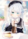  1girl :o absurdres beret black_headwear black_shirt blue_bow blue_eyes blue_hair blurry blurry_background bow cheesecake commentary_request cup depth_of_field drinking_glass drinking_straw food fork grey_hair hair_bow hat highres holding holding_cup indoors kaga_sumire long_hair long_sleeves looking_at_viewer multicolored_hair notice_lines parted_lips plate puffy_long_sleeves puffy_sleeves shirt sleeves_past_wrists sofra solo tilted_headwear two-tone_hair upper_body very_long_hair virtual_youtuber vspo! 