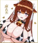  1girl alternate_costume animal_print azur_lane bell bikini black_collar blush bow breasts breasts_squeezed_together brown_hair collar commentary_request cow_horns cow_print cow_print_bikini cowbell hair_bow hair_ribbon heart horns huge_breasts kashino_(azur_lane) looking_at_viewer marota neck_bell print_bikini purple_eyes ribbon shikishi simple_background solo swimsuit traditional_media upper_body white_background white_bow white_ribbon 