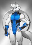2023 5_fingers abs absurd_res anthro athletic athletic_anthro athletic_male black_nose blue_clothing blue_eyes blue_fingerless_gloves blue_gloves blue_handwear blue_leotard canid canine clothed clothing fingerless_gloves fingers fox fur gloves hair handwear hi_res humanoid_hands leotard male mammal megawolf77 solo standing streak_(sansenite) white_body white_fur white_hair