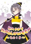  2018 ;) bangs black_cape black_dress black_hat blush brown_cape brown_hair cane cape closed_mouth commentary_request dress eyebrows_visible_through_hair ghost gloves grey_eyes hair_between_eyes halloween happy_halloween hat head_tilt highres holding holding_cane idolmaster idolmaster_cinderella_girls mini_hat mini_witch_hat mishima_ryo multicolored multicolored_cape multicolored_clothes multicolored_dress multicolored_gloves one_eye_closed otokura_yuuki pleated_dress smile solo tilted_headwear witch_hat 