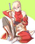  1girl animal_ears armored_boots blonde_hair boots braid cat_ears chibi detached_sleeves fate/apocrypha fate/prototype fate_(series) french_braid green_eyes grey_background kemonomimi_mode lap_pillow looking_at_another mordred_(fate) mordred_(fate)_(all) mordred_(fate/prototype) petting simple_background sitting sword weapon yamany 