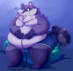  anthro barefoot belly big_belly bulge clothed clothing cushion facial_markings gaming holding_controller holding_object inside male mammal markings mask_(marking) moobs neck_tuft obese obese_male open_mouth open_smile oreocakes overweight playing_videogame procyonid raccoon ringtail sitting smile solo teeth tongue topless tuft zaryaraccoon 
