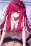  1boy 1girl absurdres all_fours amu_(takuya0331) areola_slip baobhan_sith_(fate) blush breasts bulge collarbone fate/grand_order fate_(series) girl_on_top grey_eyes hetero highres large_breasts long_hair looking_at_viewer navel nude pink_hair pointy_ears pussy sidelocks thigh_strap thighs tiara 