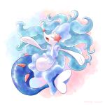  animal_focus artist_name blue_hair colored_eyelashes colored_skin commentary_request highres multicolored_background no_humans open_mouth pokemon pokemon_(creature) primarina remedy_matome sea_lion snout tail twitter_username white_background white_skin 