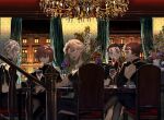  5girls alcohol bare_shoulders black_dress blonde_hair blue_eyes brown_hair character_request cup dress flower grey_hair highres holding holding_cup indoors looking_at_another looking_at_viewer meitantei_conan miyano_shiho multiple_girls red_flower red_lips segami short_hair stairs table white_flower 