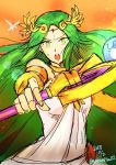  2boys bracelet commentary_request dark_pit dress green_eyes green_hair jewelry kid_icarus kid_icarus_uprising long_hair multiple_boys necklace palutena pit_(kid_icarus) protecting staff sunset super_smash_bros. super_smash_bros._ultimate tiara very_long_hair white_dress 