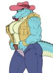  2013 alligator anthro belt biceps big_breasts breasts chochi clothing crocodilian crossgender female green_eyes hat hi_res leatherhead lips looking_at_viewer muscular muscular_female non-mammal_breasts pants reptile scalie simple_background smile solo teenage_mutant_ninja_turtles vest white_background 