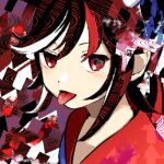  1girl arrow_(symbol) black_hair blush horns kaigen_1025 kijin_seija looking_at_viewer multicolored_hair portrait red_eyes red_hair short_hair solo streaked_hair tongue tongue_out touhou white_hair white_horns 