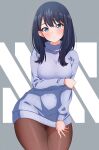 1girl aran_sweater arm_under_breasts black_hair blue_eyes blue_sweater breasts brown_pantyhose cable_knit commentary_request cowboy_shot dress gridman_universe gridman_universe_(film) highres kamidan long_sleeves medium_breasts medium_hair official_alternate_costume pantyhose parted_lips solo sweater sweater_dress takarada_rikka thighs turtleneck turtleneck_sweater 