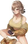  1girl bare_shoulders breasts brown_hair brown_jacket brown_shorts brown_socks brown_sports_bra butterfly_sitting cleavage controller dog_tags double_bun fur_jacket furen_e_lustario furen_e_lustario_(5th_costume) game_controller hair_bun highres holding holding_controller holding_game_controller jacket jacket_partially_removed jewelry large_breasts long_hair looking_at_viewer navel necklace nekotokage nijisanji off_shoulder parted_bangs partially_unzipped pout red_eyes short_shorts shorts simple_background slippers socks solo sports_bra virtual_youtuber white_background 