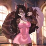 anthro brown_body brown_eyes brown_fur clothed clothing dress felid feline female fur hair mammal pink_clothing purrynx seductive solo standing striped_body striped_fur stripes tight_clothing