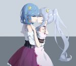  2girls bare_shoulders blue_eyes blue_hair blush closed_mouth clothing_cutout commentary corset crescent crescent_hair_ornament crm dress earrings grey_background grey_hair hair_ornament highres hoshimiya_mei hoshimiya_sio hug indie_virtual_youtuber jewelry kiss long_hair medium_hair multiple_girls off-shoulder_dress off_shoulder parted_lips ponytail shoulder_cutout sidelocks star_(symbol) star_hair_ornament two-tone_background virtual_youtuber white_dress yuri 