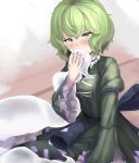  1girl blush commentary cross-laced_clothes dress full_body ghost_tail green_dress green_eyes green_hair green_nails highres juliet_sleeves long_sleeves looking_at_viewer ofuda ofuda_on_clothes puffy_sleeves pygrenix short_hair soga_no_tojiko solo touhou 