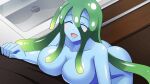  1girl artist_request blush breasts closed_eyes game_cg green_hair large_breasts monster_girl monster_musume_no_iru_nichijou monster_musume_no_iru_nichijou_online official_art open_mouth pov slime_girl solo suu_(monster_musume) 