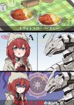  1girl binah_(blue_archive) blue_archive blue_eyes braid curry death_momoi_(meme) eating food halo highres holding holding_spoon jacket low_twin_braids maki_(blue_archive) maki_(camp)_(blue_archive) meme momoi_(blue_archive) open_mouth plate pokemon pokemon_swsh red_hair red_halo red_sweater smile spoon sweater the_olphy twin_braids white_headwear white_jacket 