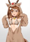  1girl absurdres animal_costume bell bikini bikini_under_clothes black_collar breasts brown_bikini brown_hair christmas collar commentary_request fang fur_bikini gradient_background grey_background hair_ornament hairclip halterneck highres hood hood_up horse_girl horse_tail jungle_pocket_(umamusume) long_sleeves looking_at_viewer medium_hair navel neck_bell open_mouth partially_unbuttoned reindeer_costume ryochapu small_breasts solo standing swimsuit tail umamusume yellow_eyes 