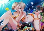  2girls aiba_yumi air_bubble arched_back ass bare_legs bare_shoulders barefoot bikini black_eyes blonde_hair blush bracelet breasts brown_eyes bubble casino_(casinoep) cleavage clownfish collarbone coral day eye_contact face-to-face feet feet_out_of_frame feet_up fingering fingering_through_clothes fish floating_hair flower freediving front-tie_top grabbing grabbing_another&#039;s_breast grabbing_from_behind grey_hair groping hair_flower hair_ornament hand_on_another&#039;s_cheek hand_on_another&#039;s_face highres idolmaster idolmaster_cinderella_girls jewelry knees_up legs light_rays looking_at_another medium_breasts multiple_girls nail_polish necklace o-ring o-ring_bottom ocean one_eye_closed open_mouth orange_bikini outdoors parted_bangs pink_nails shiomi_syuko short_hair side-tie_bikini_bottom smile soles submerged sunlight swimsuit through_clothes toenails toes tongue tongue_out underwater water yellow_bikini yuri 