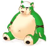 anthro bandanna belly canid canine canis domestic_dog eyebrows fur gnj97_2 green_body green_fur hi_res kerchief lifewonders live_a_hero male mammal mokdai navel overweight plushie simple_background sitting solo thick_eyebrows white_background x_navel