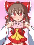  1boy 1girl artist_request ascot blue_eyes blush blush_stickers bow brown_hair colored_skin crossover detached_sleeves frilled_hair_tubes frills hair_bow hair_tubes hakurei_reimu highres kirby kirby_(series) open_mouth pink_skin red_bow red_eyes ribbon-trimmed_sleeves ribbon_trim touhou yellow_ascot 