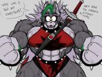 abs anthro big_muscles big_pecs bodily_fluids breasts canid canine canis claws clothing collar ear_piercing ear_ring female five_nights_at_freddy&#039;s five_nights_at_freddy&#039;s:_security_breach fur green_hair grey_body grey_fur growth hair huge_muscles huge_pecs huge_thighs mama_mj_(artist) mammal melee_weapon midriff multicolored_body multicolored_fur muscle_growth muscular muscular_anthro muscular_arms muscular_female muscular_legs muscular_thighs pecs piercing purple_eyes red_clothing ring_piercing roxanne_wolf_(fnaf) scottgames solo spiked_collar spikes steel_wool_studios sweat sword thick_thighs tight_clothing transformation vein veiny_muscles weapon white_body white_fur wolf yellow_eyes