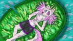 absurd_res anthro bulge canid canid_demon canine clothing crossed_legs demon fur girly hair hellhound hi_res horn kalasm94 lying male mammal one_ear_up pink_body pink_fur pink_hair solo solo_focus underwear white_body white_fur