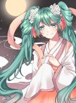  beads brown_background chinese_clothes chuushuu_meigetsu_miku flower full_moon green_eyes green_hair hagoromo hair_beads hair_flower hair_ornament hanfu hatsune_miku highres long_hair moon moonlight night night_sky pink_scarf ronpu_cooing scarf shawl sky smile solo star_(sky) starry_sky tassel twintails upper_body very_long_hair vocaloid wide_sleeves 
