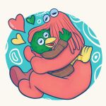 &lt;3 2022 3_toes 4_fingers anatid anseriform anthro avian beak bird border bottomwear brown_bottomwear brown_clothing brown_shorts brown_suit clothed clothing don&#039;t_hug_me_i&#039;m_scared duck duck_guy_(dhmis) duo embrace feathers feet fingers green_body green_feathers hi_res hug larger_male male male/male monster pattern_background red_body red_guy_(dhmis) shorts simple_background size_difference smaller_male snoozerat suit toes white_border yellow_beak yellow_legs