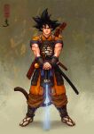  1boy alternate_costume arm_armor armor artist_name belt_pouch biceps black_eyes black_hair blue_shirt brown_pants cross_scar dougi dragon_ball dragon_ball_(object) dragon_ball_super dragon_ball_z full_body glowing glowing_sword glowing_weapon guillem_dauden holding holding_sword holding_weapon japanese_armor japanese_clothes katana kusazuri leg_armor light_smile male_focus monkey_tail pants planted planted_sword pouch saiyan samurai sandals scar scar_on_arm sheath shirt short_sword signature simple_background sleeves_rolled_up son_goku spiked_hair suneate sword tabi tail tantou tassel waraji weapon weapon_on_back wrist_guards 