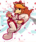 5_fingers anthro asian_clothing boots bow_ribbon breasts canid canine ceroba_(undertale_yellow) cherry_blossom clothing east_asian_clothing female fingers footwear fox hair japanese_clothing japanese_text jumping kimono long_hair looking_at_viewer mammal petals plant red_hair seezee smile solo text undertale_(series) undertale_yellow wind
