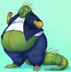  anthro barefoot belly belly_overhang big_belly burger claws clothed clothing double_chin food fully_clothed head_spines holding_food holding_object iguana lizard love_handles male moobs obese obese_male open_mouth oreocakes overweight reptile scalie solo standing tail_spines thick_tail thick_thighs toe_claws tongue yellow_eyes 