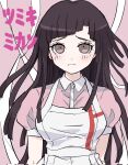  1girl apron black_hair blush breasts brown_eyes collared_shirt danganronpa_(series) danganronpa_2:_goodbye_despair highres large_breasts long_hair mole mole_under_eye pink_background pink_shirt puffy_short_sleeves puffy_sleeves ringo_(mk1104-toatales) shirt short_sleeves simple_background solo translation_request tsumiki_mikan upper_body white_apron 